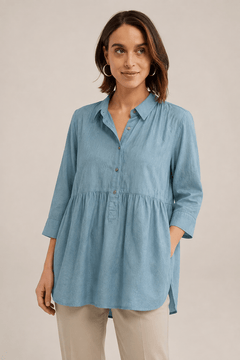 Cotton Paisley Blouse in Muted Blue- Size: XL
