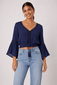 Deep Navy Crochet Trim Blouse - Size: S