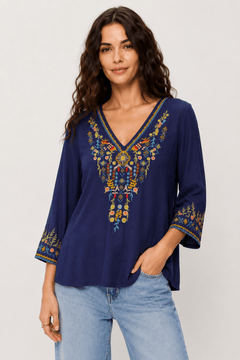 Embroidered Navy Blouse in Viscose - Size: L