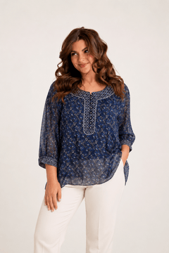 Navy Floral Blouse in Sheer Fabric- Size: XXL