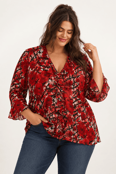 Rose Pattern Blouse in Deep Red- Size: XXXL