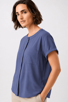 Short Sleeve Blouse in Muted Blue- Size: XL