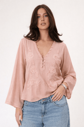 Cotton Embroidery Blouse in Dusty Rose- Size: M/L