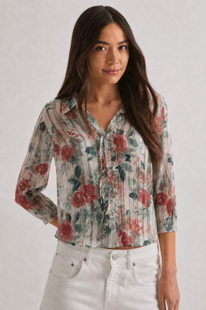 Floral Ruffled  Blouse in White ,Pink and Green - Size: M/L