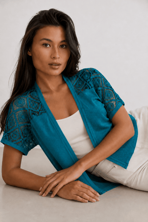 Lace Detail Cardigan in Teal Blue- Size: L