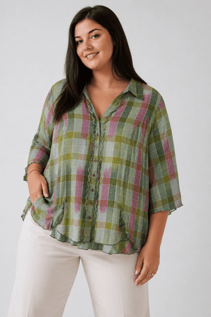 Madras Plaid Ruffle Front Blouse in Cotton - Size: XL