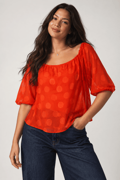 Wide Neckline Blouse in Red Orange Tone- Size:  XL/XXL
