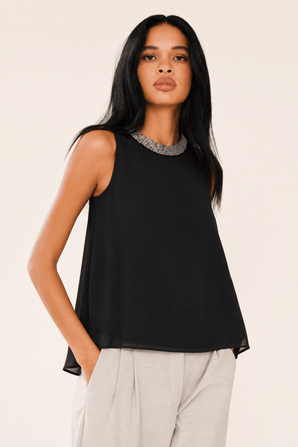 Beaded Collar Black Blouse - Size: S