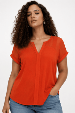 Split Neck Blouse in Warm Orange- Size: S