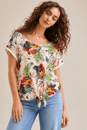 Tie Front Tropical Print Top - Size: M/L