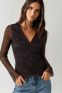 V-neck Fitted Mesh Blouse - Size: M
