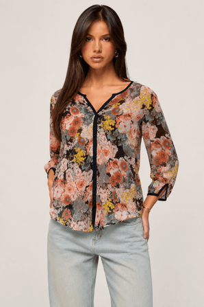Colorful Floral Blouse with Black Trim- Size: S