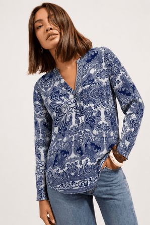 Navy Ornamental Blouse in Cotton- Size: XS