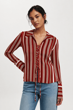 Striped Lace-Up Blouse - Size: S/M