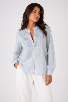 Ruffled Pintuck Striped Blouse - Size: S/M