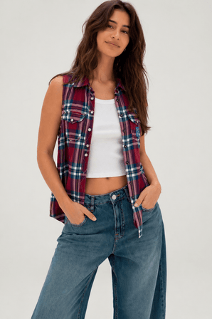 Tartan Sleeveless Tie Bottom Top - Size: S