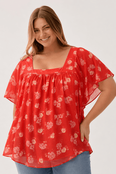 Cotton Blouse with Distinctive Flutter Sleeves - Size: XXXL