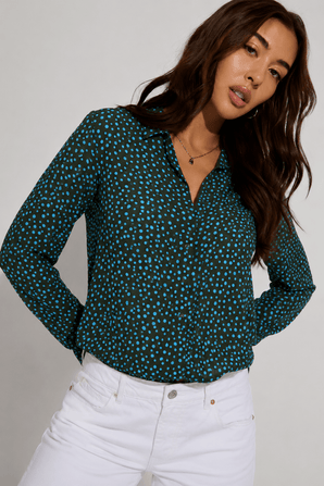 Teal Polka Dot Button-Up Blouse - Size: L