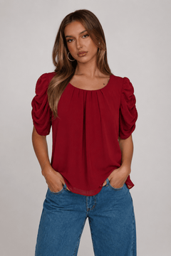 Pleated Neck Blouse in Deep Red- Size: S