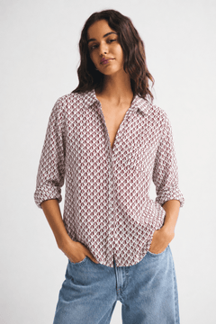 Soft Cotton Shirt in Burgundy and Ivory - Size: M