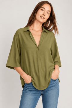 Khaki  Blouse with 3/4 Sleeves- Size: L