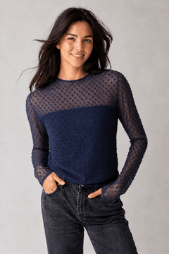Navy Blouse with Mesh Detail - Size: M