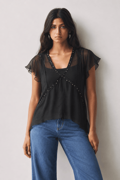 Sheer Beaded Blouse in Black- Size: M