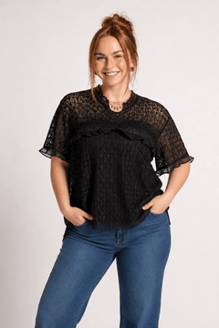 Zara Guipure Lace Top in Classic Black - Size: L
